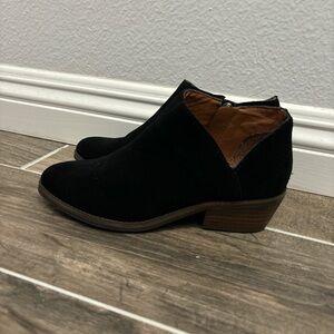 Lucky Brand black suede block heel ankle boots